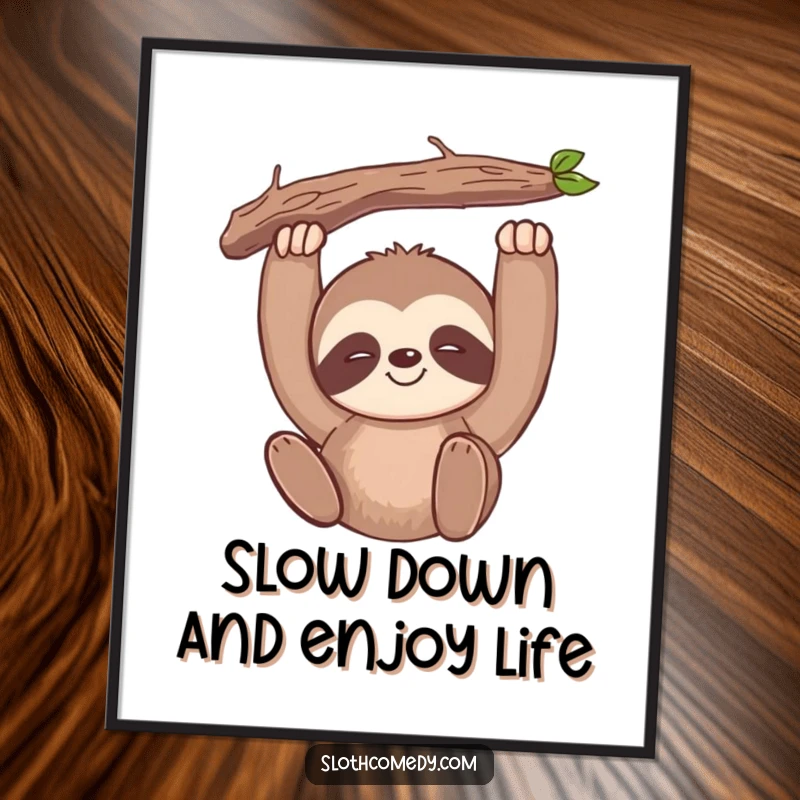 Funny Free Printable Wall Art: A kawaii sloth with a slow, contented smile hangs lazily from a branch.