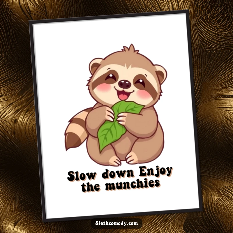 Funny Free Printable Wall Art: A kawaii sloth joyfully munching on a green leaf, great for DIY decor.