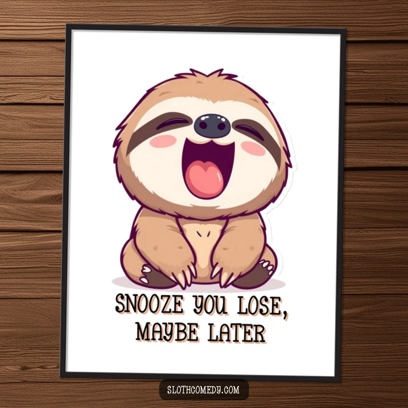 Funny Free Printable Wall Art: A sloth caught in a massive yawn, its pink mouth open wide, adding quirky charm.