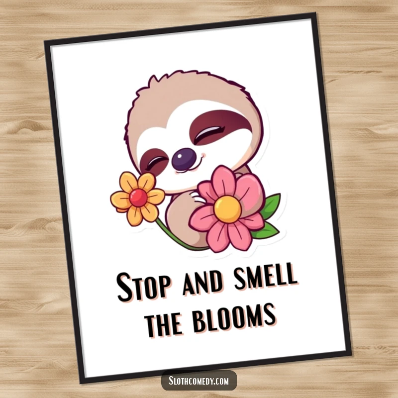 Funny Free Printable Wall Art: A sloth with a sleepy wink, slowly blinking at a vibrant, colorful flower.