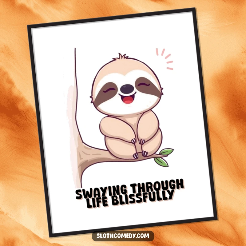 Funny Free Printable Wall Art depicting a contented sloth swaying gently and letting out a happy, relaxed sigh.