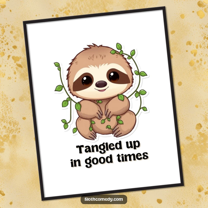 Funny Free Printable Wall Art: A sloth playfully entwined with small, sprouting vines.