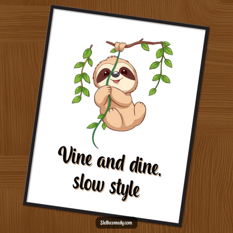 Funny Free Printable Wall Art: A sloth humorously tangled in a hanging vine, with a playful expression, adding quirky decor.