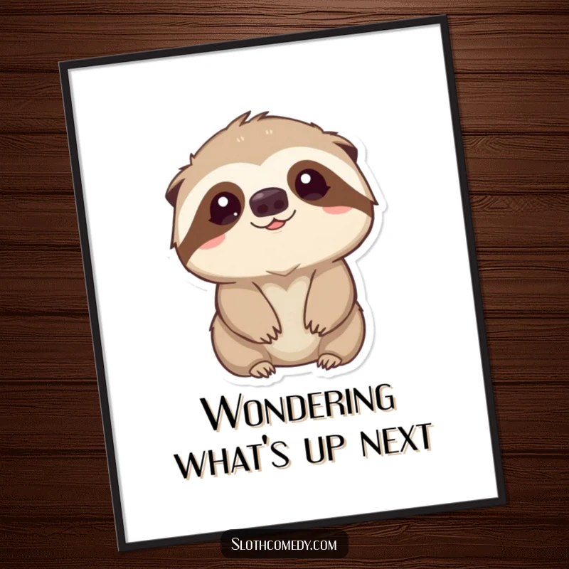 Funny free printable wall art of a kawaii sloth looking upwards with wide, gentle eyes full of curiosity.