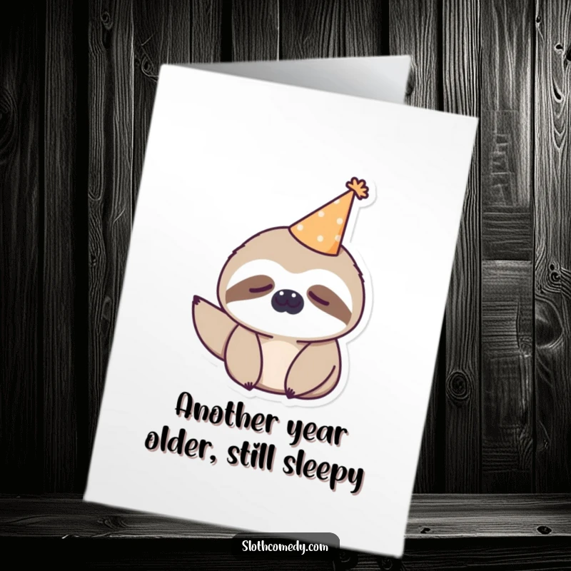 Funny Free Printable Birthday Card: Sleepy Kawaii Sloth in Party Hat, adorably yawning, perfect for a laid-back celebration.