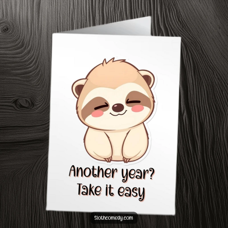 Funny free printable birthday card: a kawaii sloth giving a slow, knowing wink with a gentle, calm smile.