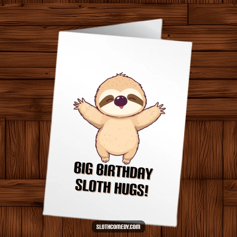 Funny Free Printable Birthday Card featuring a sloth with arms outstretched in a relaxed hug, a warm and humorous downloadable gift.