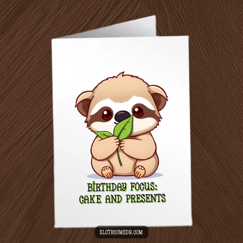 Funny Free Printable Birthday Card: Kawaii sloth intensely focuses on holding a single leaf.