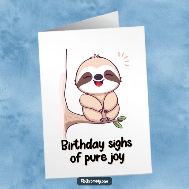 Funny Free Printable Birthday Card shows a content sloth sighing happily while swaying gently on a branch.