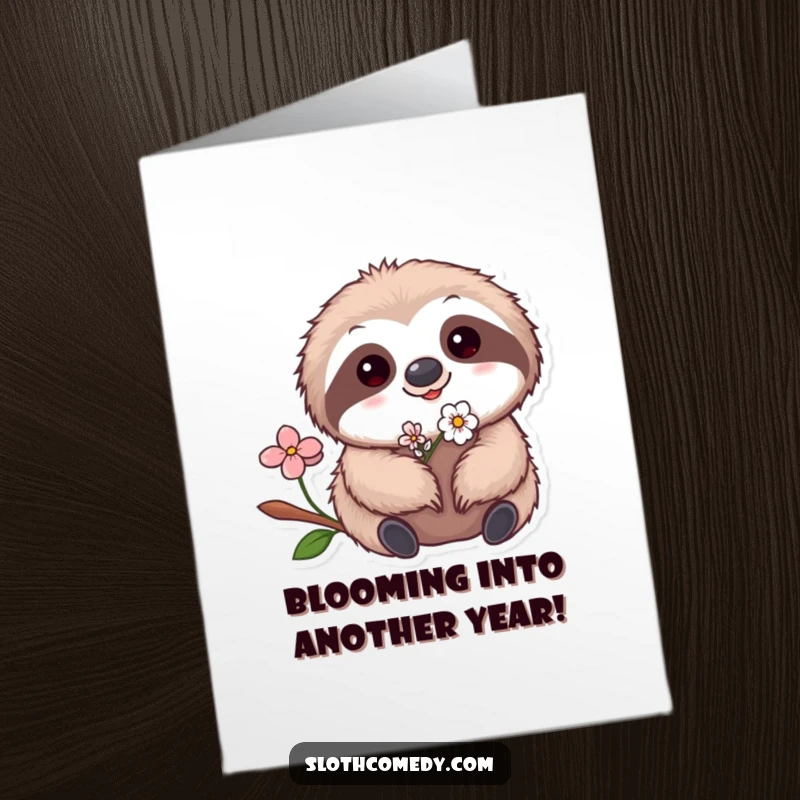 Funny Free Printable Birthday Card: A kawaii sloth with a tiny flower nestled in its fur, celebrating a sweet birthday.