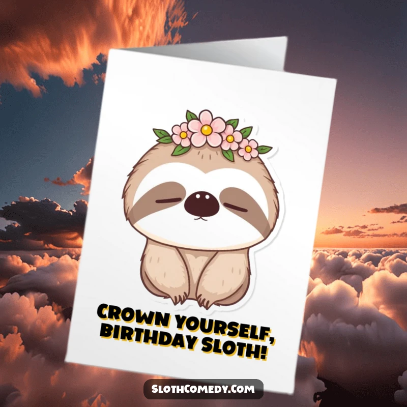Funny Free Printable Birthday Card: A sleepy sloth wearing a delicate flower crown is caught mid-blink, looking adorably tired.