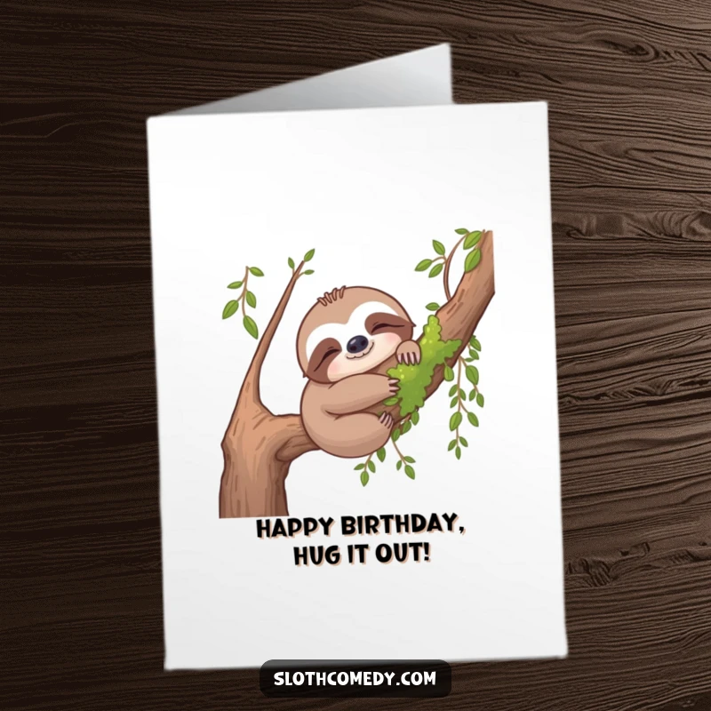 Funny Free Printable Birthday Card: A sloth hugs a mossy branch with ultimate contentment, perfect for cozy birthday wishes.