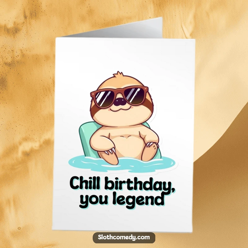 Funny Free Printable Birthday Card shows a sloth wearing sunglasses, chilling and sunbathing in ultimate relaxation.