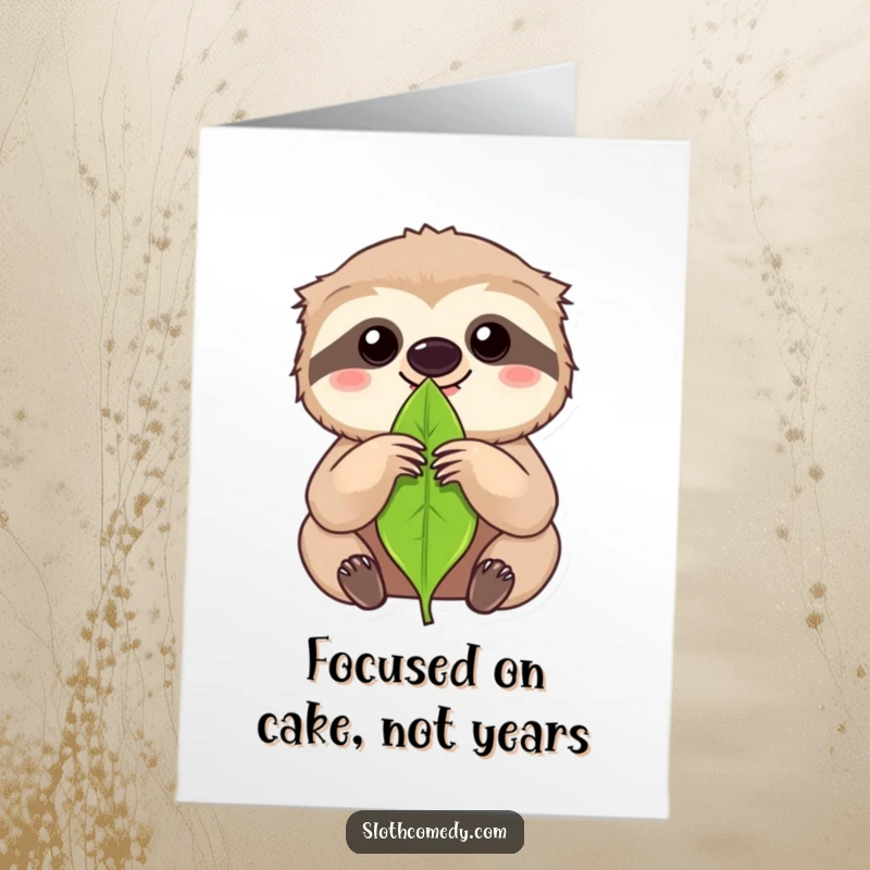 Funny Free Printable Birthday Card: Kawaii sloth intensely focused on munching a single leaf, ready to party (eventually), a downloadable delight.