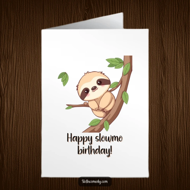 Funny Free Printable Birthday Card: Cute sloth smiling gently, inching slowly along a tree branch with great effort.