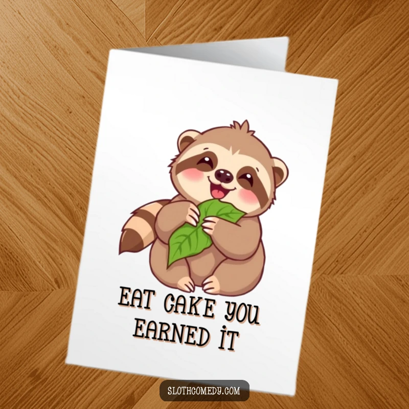 Funny Free Printable Birthday Card: A kawaii sloth joyfully munching on a leaf, a great downloadable gift.