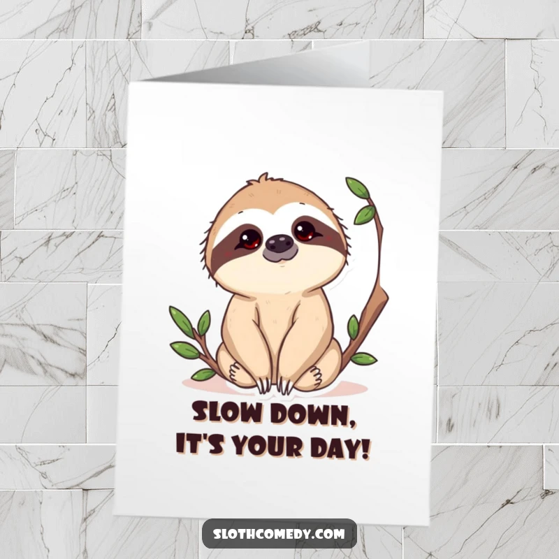 Funny Free Printable Birthday Card: Curious sloth tilts head, observing with mild amusement, ready for a slow celebration.