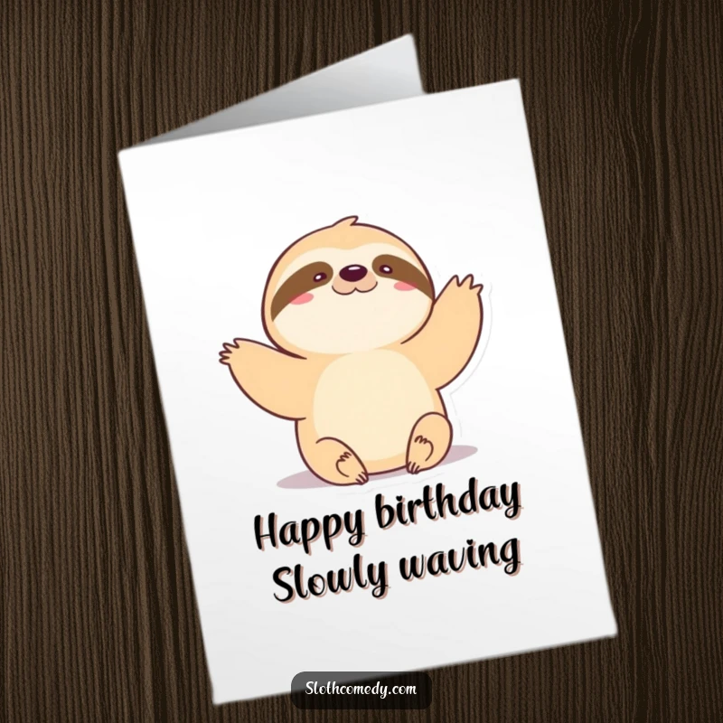 Funny Free Printable Birthday Card: A kawaii sloth doing a very slow, gentle wave, a perfect downloadable gift.
