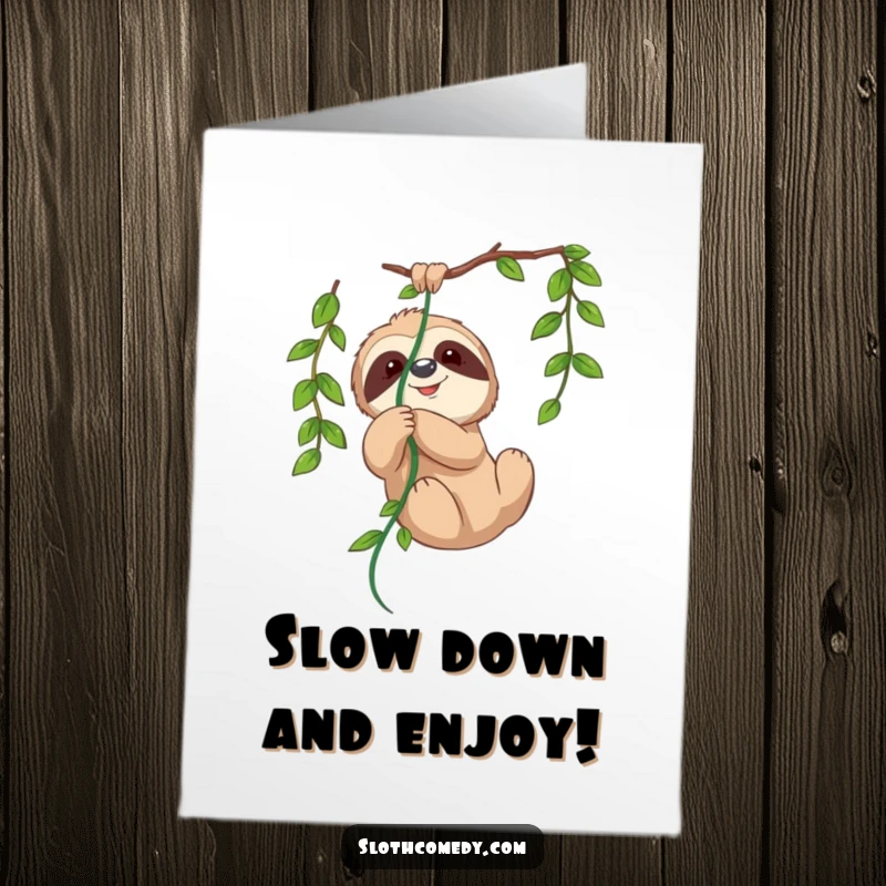 Funny Free Printable Birthday Card: A sloth playfully tangled in a hanging vine, giving a cheeky grin, perfect for birthday laughs.