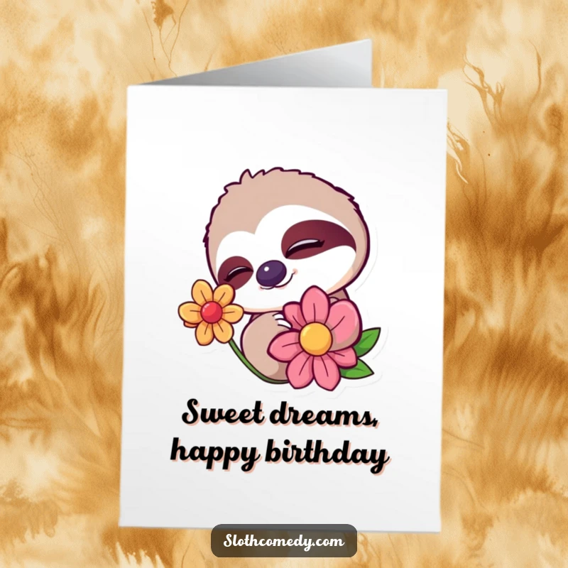 Funny Free Printable Birthday Card: Sloth with a sleepy wink, gently blinking at a vibrant, colorful flower.