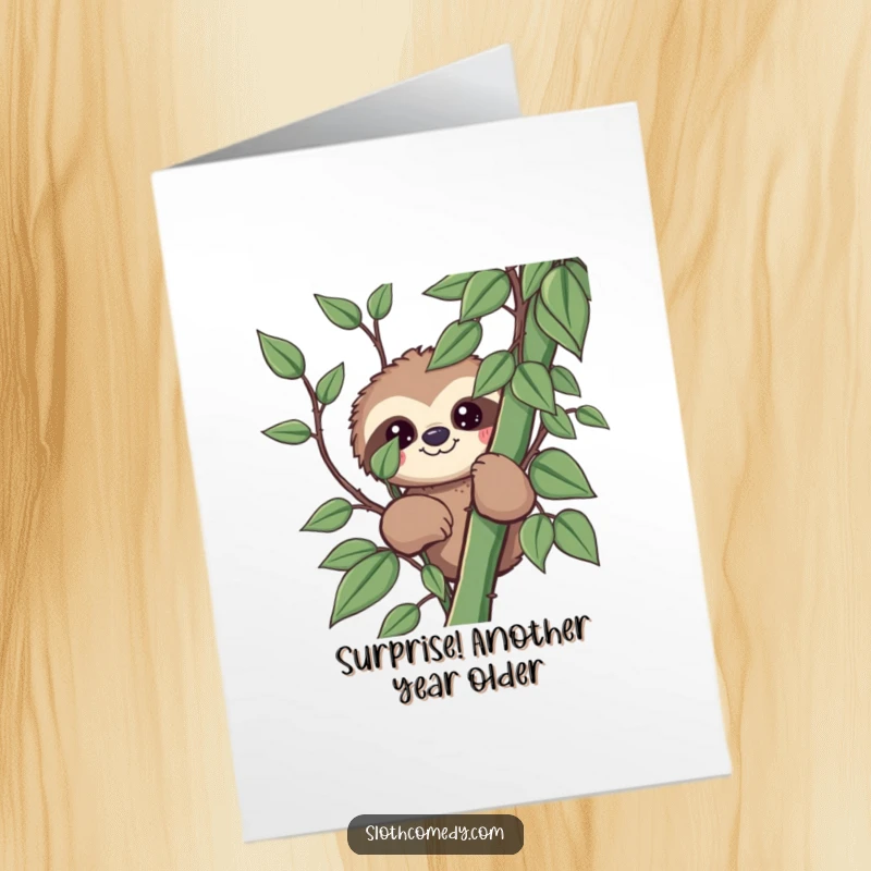 Funny Free Printable Birthday Card: Kawaii sloth curiously peeking from behind a lush green vine, playful surprise.