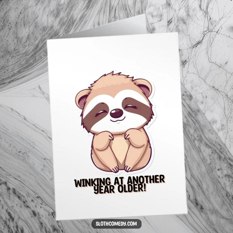 Funny Free Printable Birthday Card: A kawaii sloth with sleepy eyes offering a cheeky wink, celebrating a birthday.