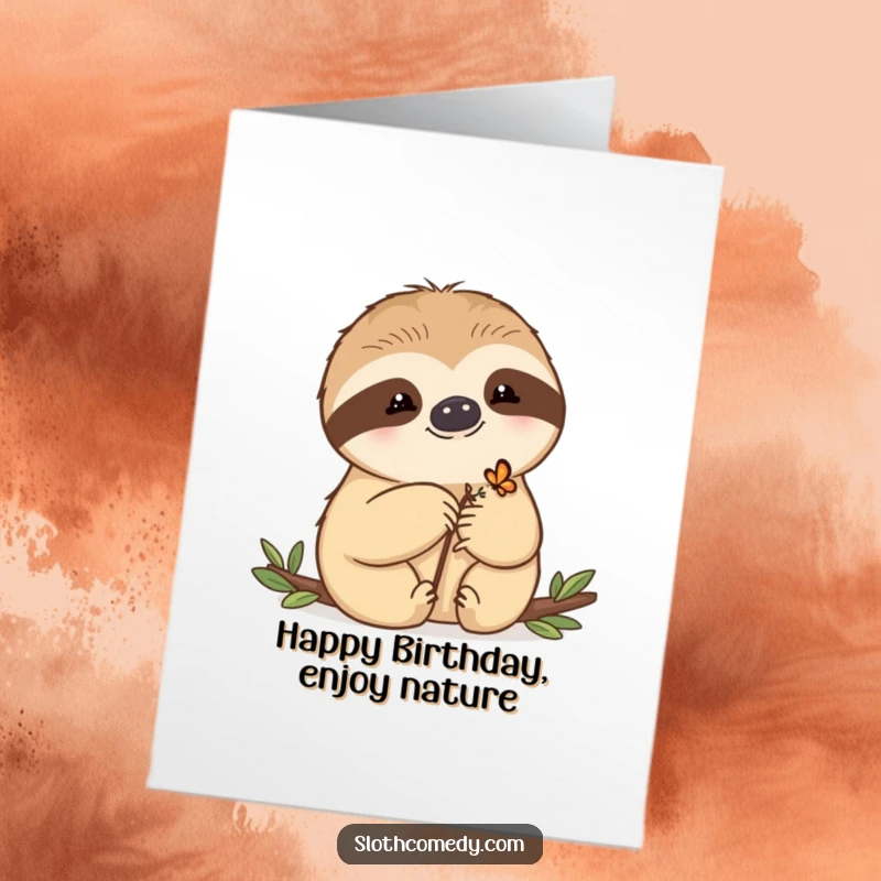 Funny Free Printable Birthday Card featuring a kawaii sloth with a tiny butterfly resting on its paw, celebrating nature's peace.