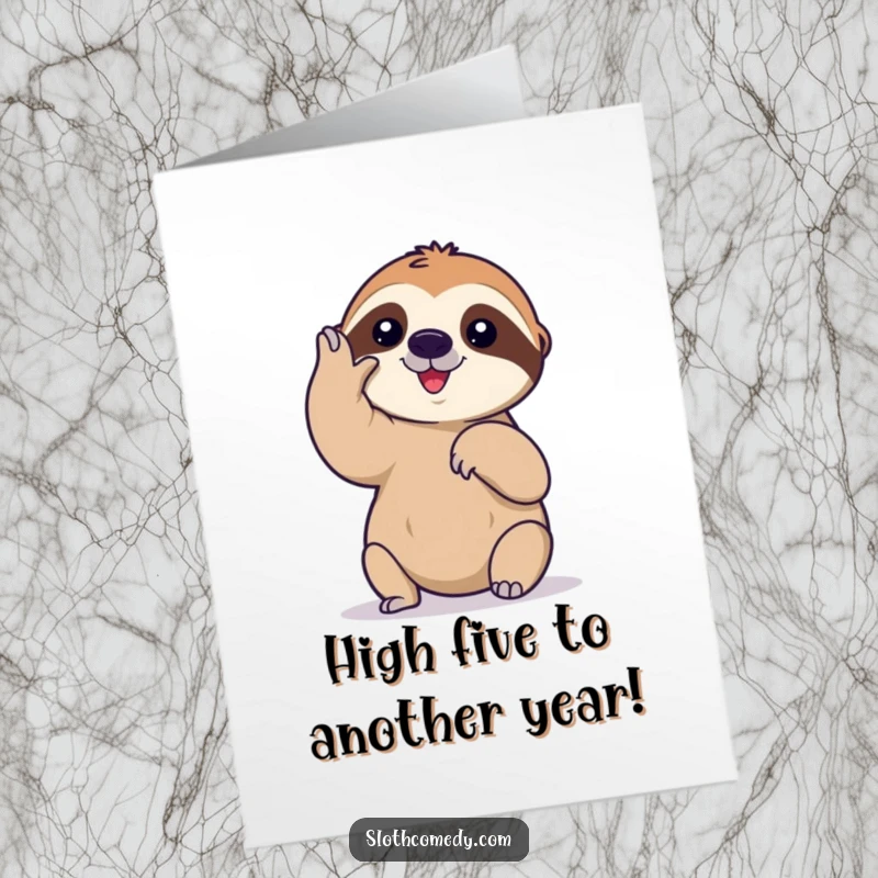 Funny Free Printable Birthday Card shows a sloth slowly, deliberately offering a high-five, full of playful intent.