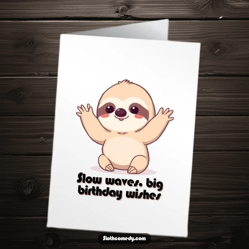 Funny Free Printable Birthday Card: Kawaii sloth performing a very slow, deliberate wave hello, embodying birthday party relaxation, a downloadable gem.