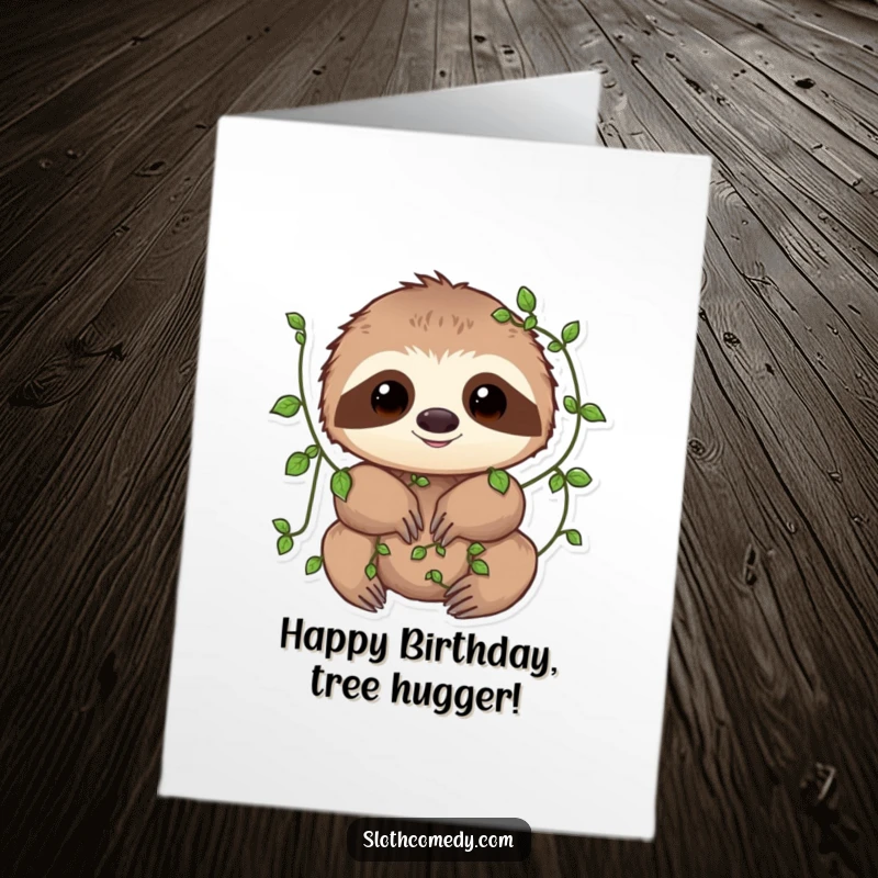 Funny Free Printable Birthday Card: Sloth playfully entangled with small vines.