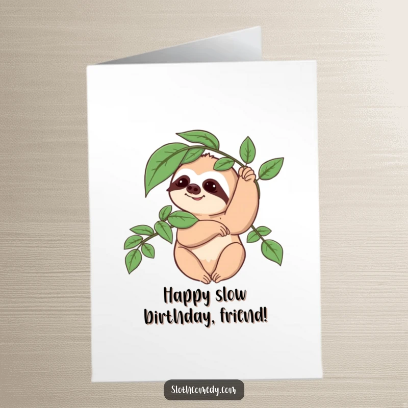 Funny free printable birthday card featuring a cute sloth slowly waving a leafy branch, wishing a happy birthday lazily.