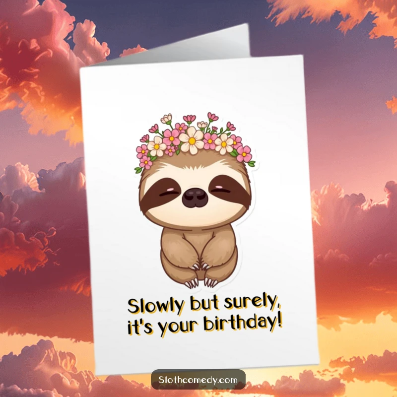 Funny Free Printable Birthday Card: A whimsical sloth wearing a flower crown, nodding gently with a calm expression.