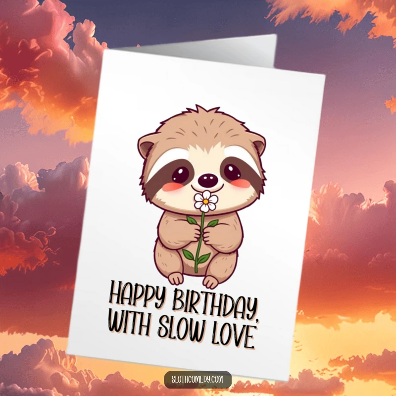 Funny Free Printable Birthday Card: Kawaii sloth offering a tiny flower with obvious, immense effort and love.