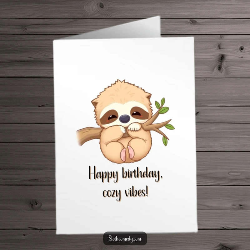 Funny free printable birthday card: a kawaii sloth contentedly hugging a fuzzy branch with a peaceful smile.