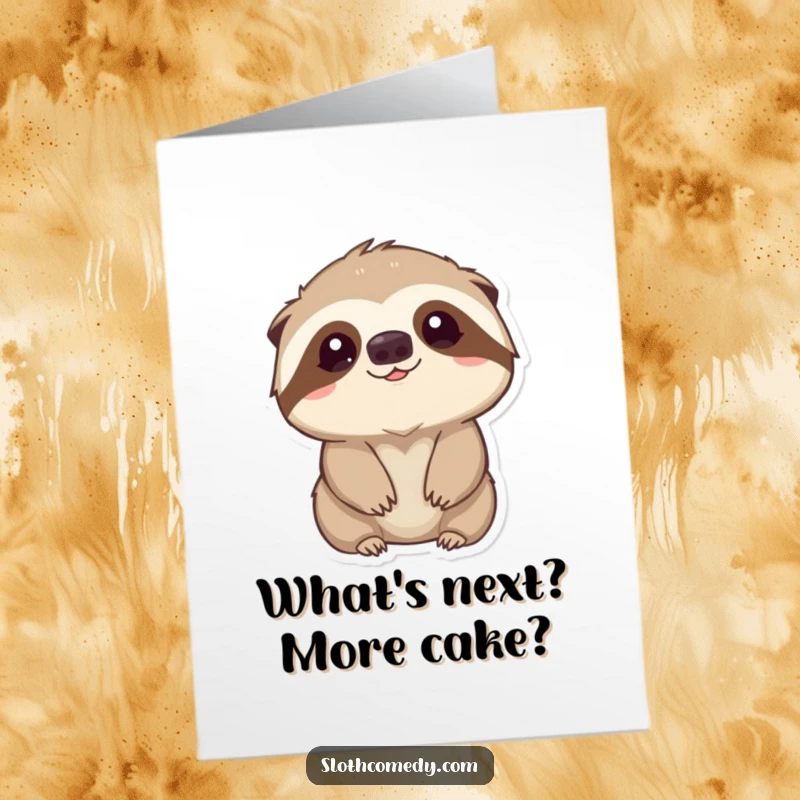 Funny free printable birthday card: a kawaii sloth looking upwards with eyes wide in gentle, curious wonder.