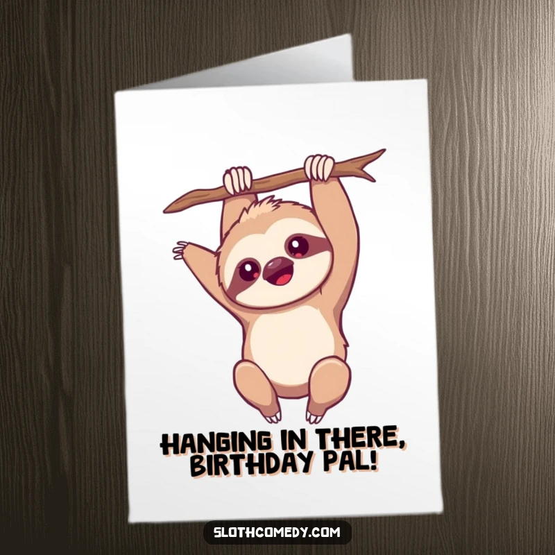 Funny free printable birthday card: a kawaii sloth hanging upside down, one arm playfully extended.