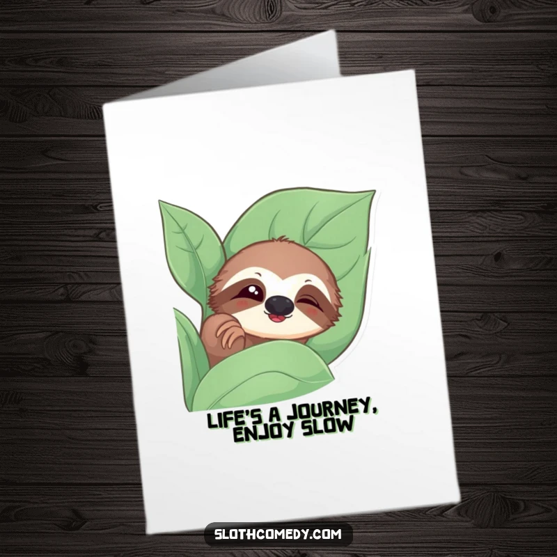 Funny free printable birthday card: a sloth peeks from behind a leaf, giving a slow, curious blink.
