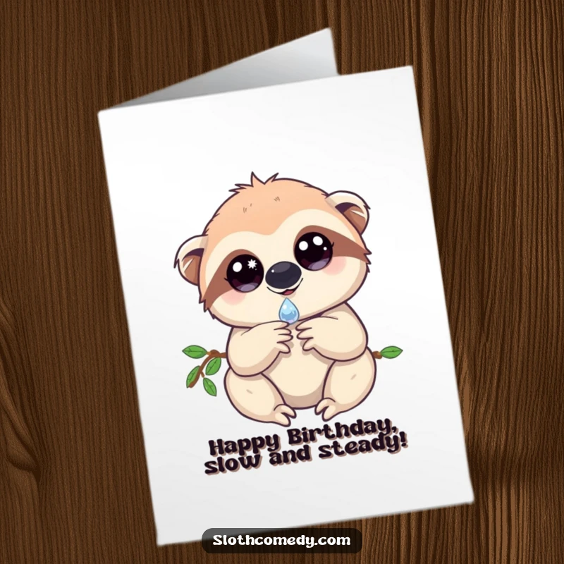 Cute Free Printable Birthday Card: A sloth with sparkling eyes gently holds a single glistening dewdrop, conveying peaceful wishes.