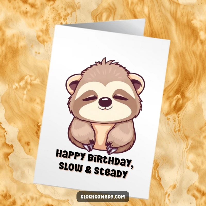Funny Free Printable Birthday Card with a cute kawaii sloth blinking peacefully with wide eyes, wishing slow and happy birthday.