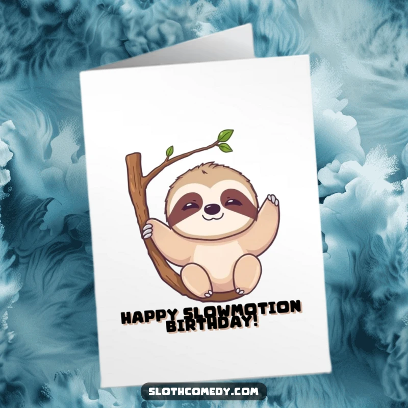 Funny Free Printable Birthday Card featuring a kawaii sloth with a slow smile, hanging lazily from a branch.