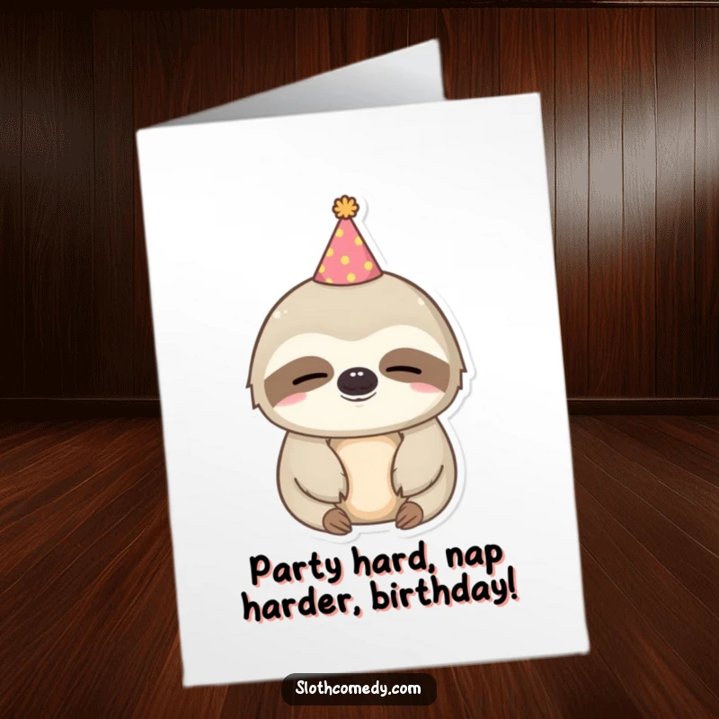 Funny Free Printable Birthday Card: Kawaii sloth wears a party hat, looking very sleepy and adorable.