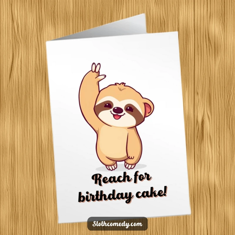 Funny Free Printable Birthday Card featuring a kawaii sloth dramatically stretching one arm upwards with enthusiasm.