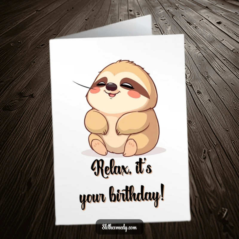 Funny Free Printable Birthday Card: Chubby sloth with a relaxed expression, basking in a gentle breeze.