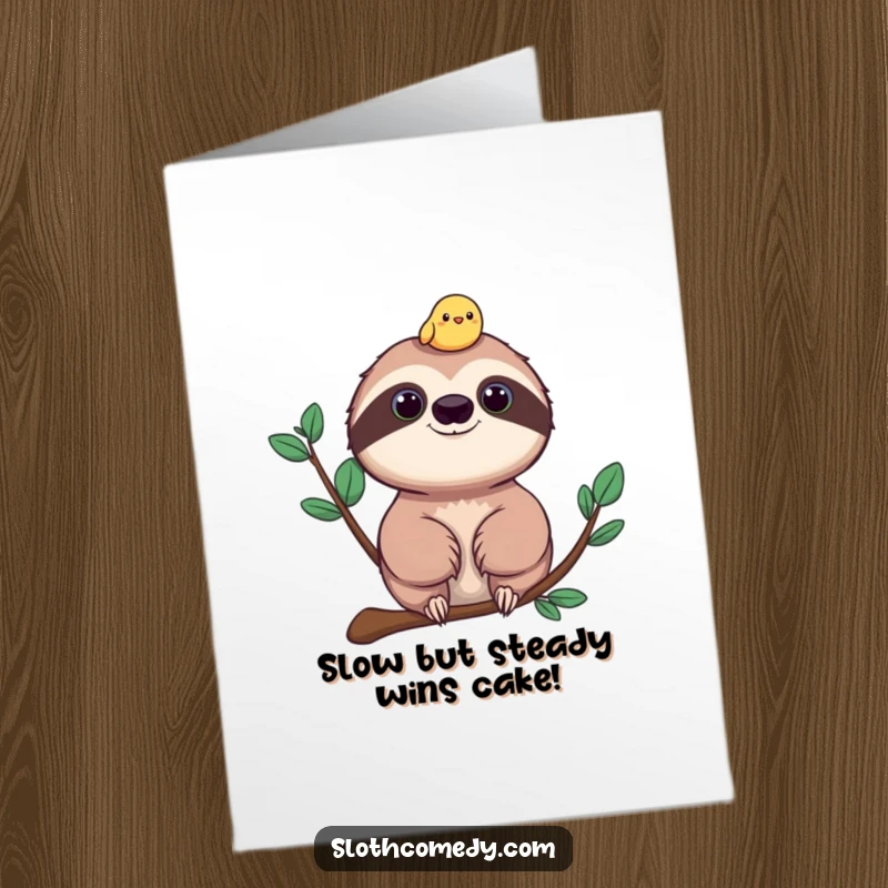 Funny Free Printable Birthday Card: A smiling sloth with a tiny, cheerful bird perched happily on its head, radiating peace.