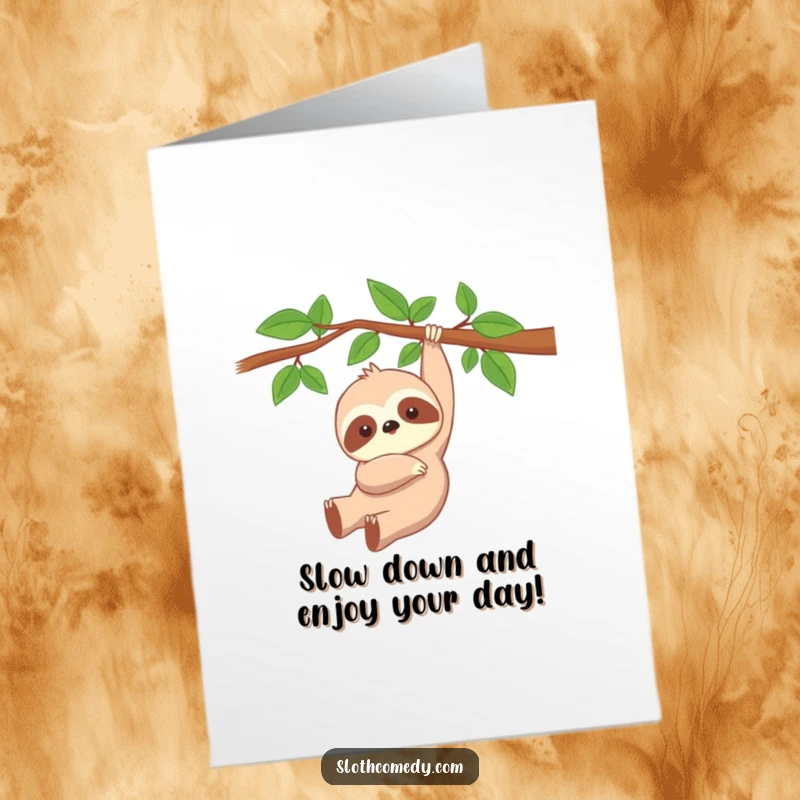 Funny Free Printable Birthday Card: A kawaii sloth peacefully dangling from a tree branch, wishing a slow and happy birthday.