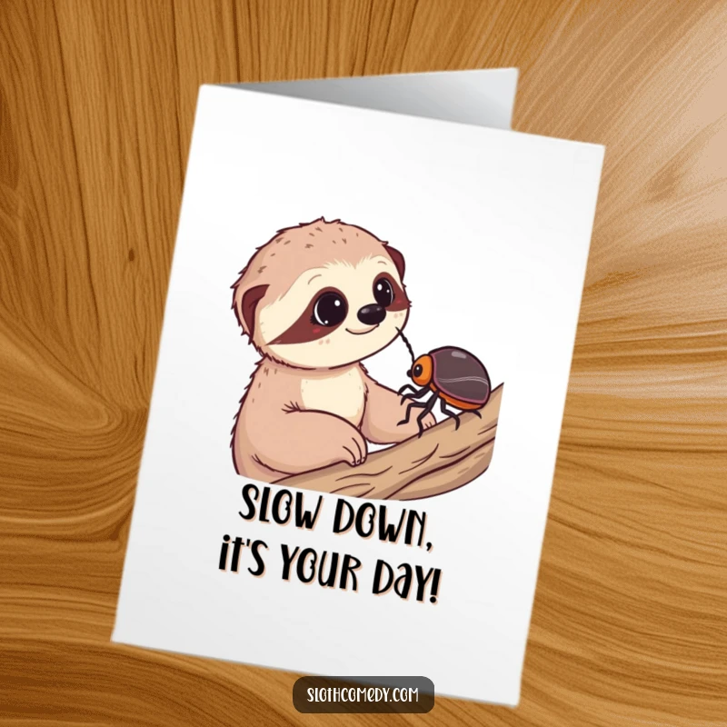 Funny Free Printable Birthday Card: Sloth gazes with wonder at a slow beetle, perfect for a thoughtful, humorous greeting.
