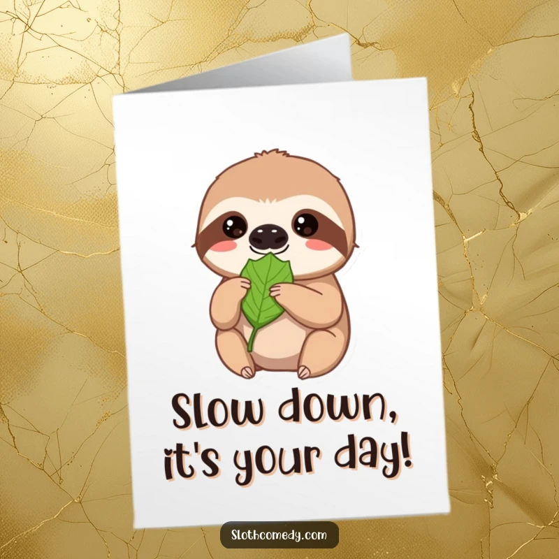 Funny Free Printable Birthday Card: Patient sloth offers a leaf with a soft gaze, making it a delightful DIY gift.