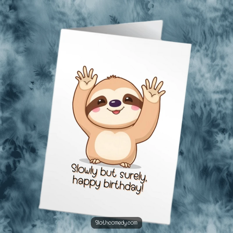 Funny Free Printable Happy Birthday card featuring a kawaii sloth doing a very slow, deliberate wave, spreading birthday cheer at a glacial pace.