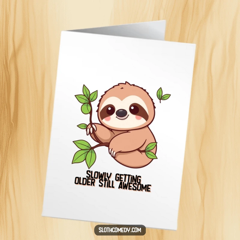 Funny Free Printable Birthday Card featuring a kawaii sloth smiling while slowly extending a branch, perfect for a DIY gift.