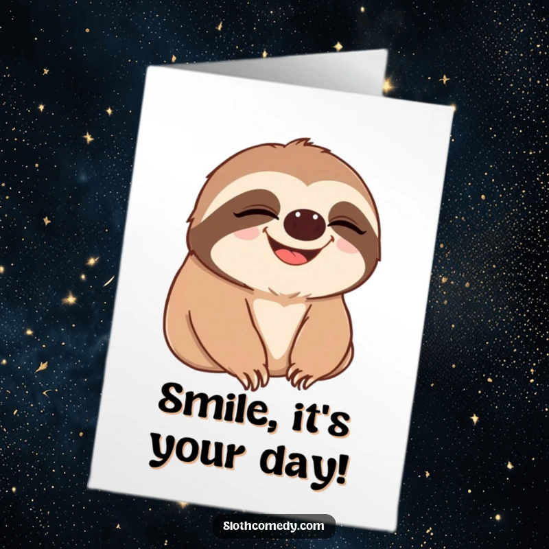 Funny Free Printable Birthday Card: A sloth slowly blinks then breaks into a wide, infectious grin, perfect for birthday wishes.